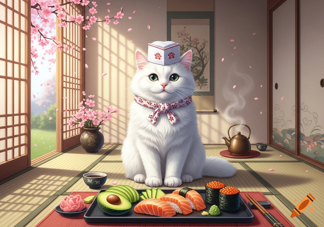 A fluffy white cat wearing a sushi chef hat and patterned bandana sits in a Japanese room with cherry blossoms, in front of a sushi tray.