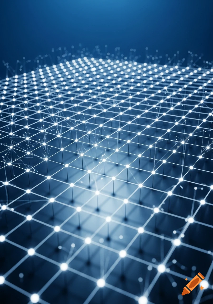 A glowing blue 3D grid of interconnected nodes on a dark background, evoking technology or data.