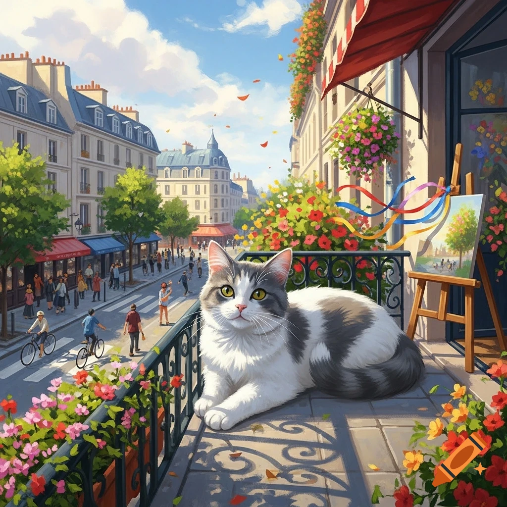 A white and grey cat lounges on a flower-filled Parisian balcony overlooking a bustling street with shops and people.
