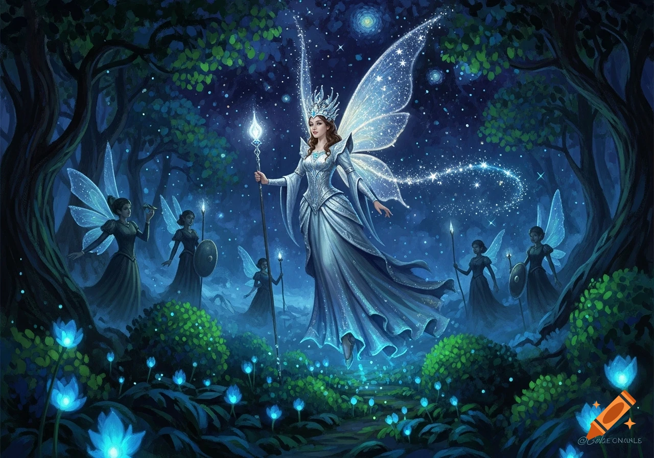 A majestic fairy queen with glowing wings and a staff floats in a magical forest at night, surrounded by other fairies.