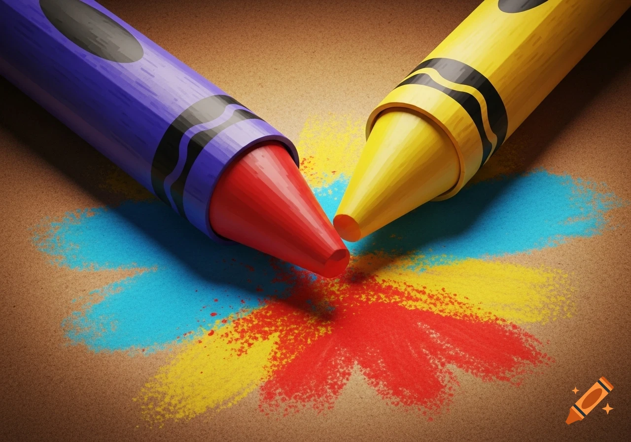 Close-up of a purple and a yellow crayon, with a red and yellow tip respectively, drawing colorful strokes on kraft paper.