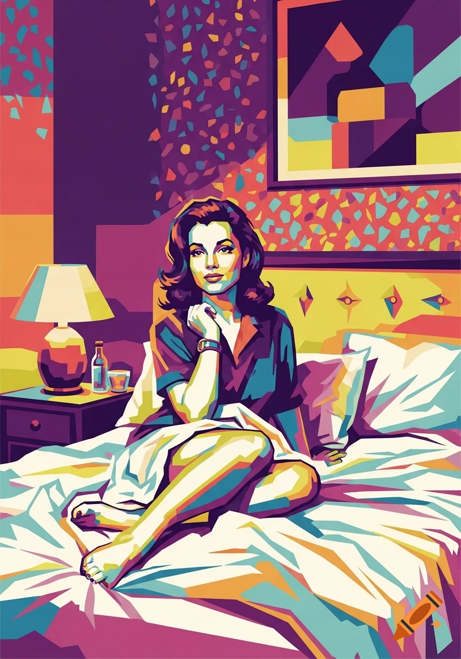 A vibrant pop art illustration of a woman with dark hair, wearing a collared shirt, sitting on a bed in a colorful bedroom.