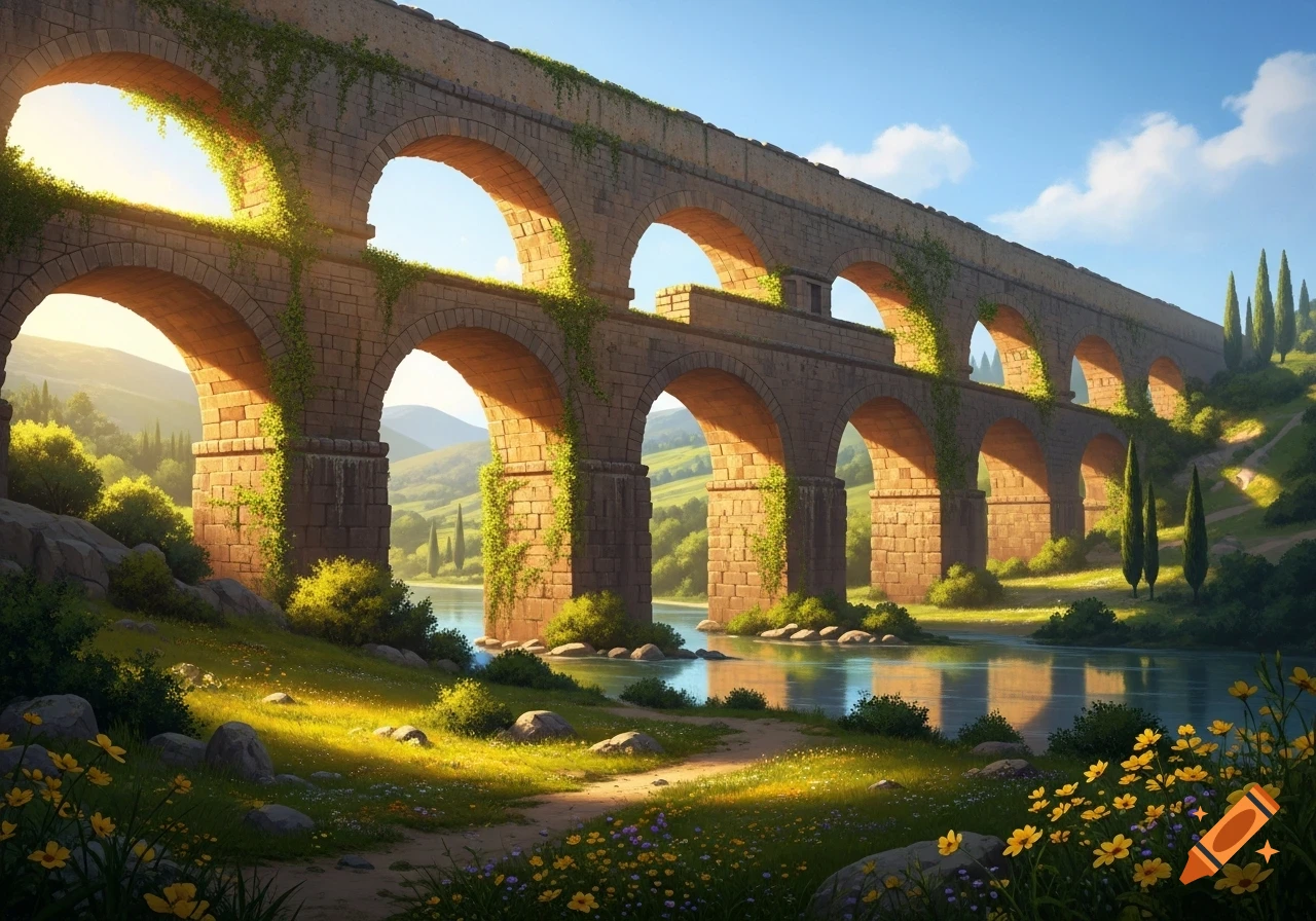 A majestic stone aqueduct spans across a serene river in a lush, green ...