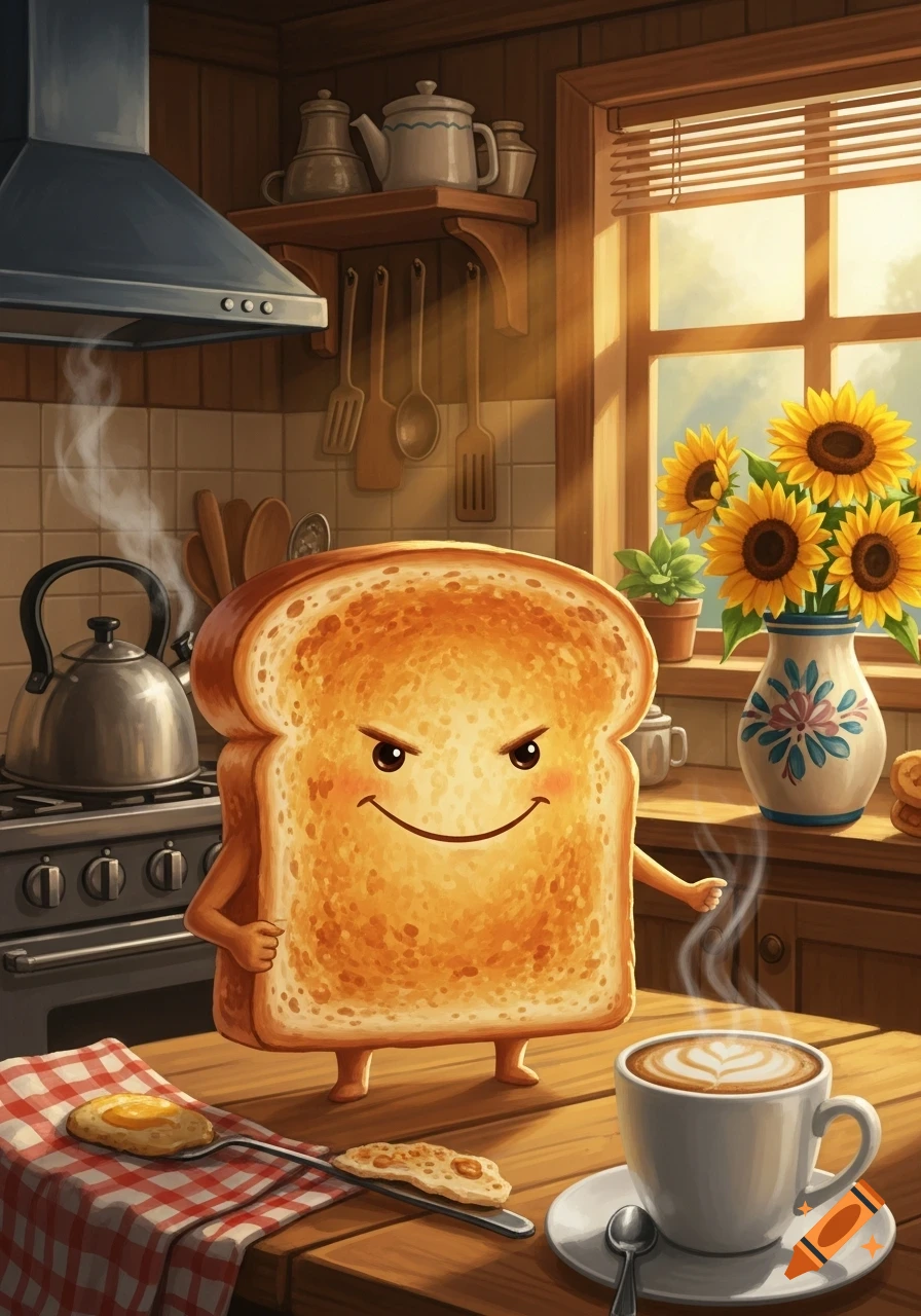 A mischievous cartoon toast character with arms and legs stands on a kitchen counter next to a cup of coffee and breakfast items, in a sunny kitchen.