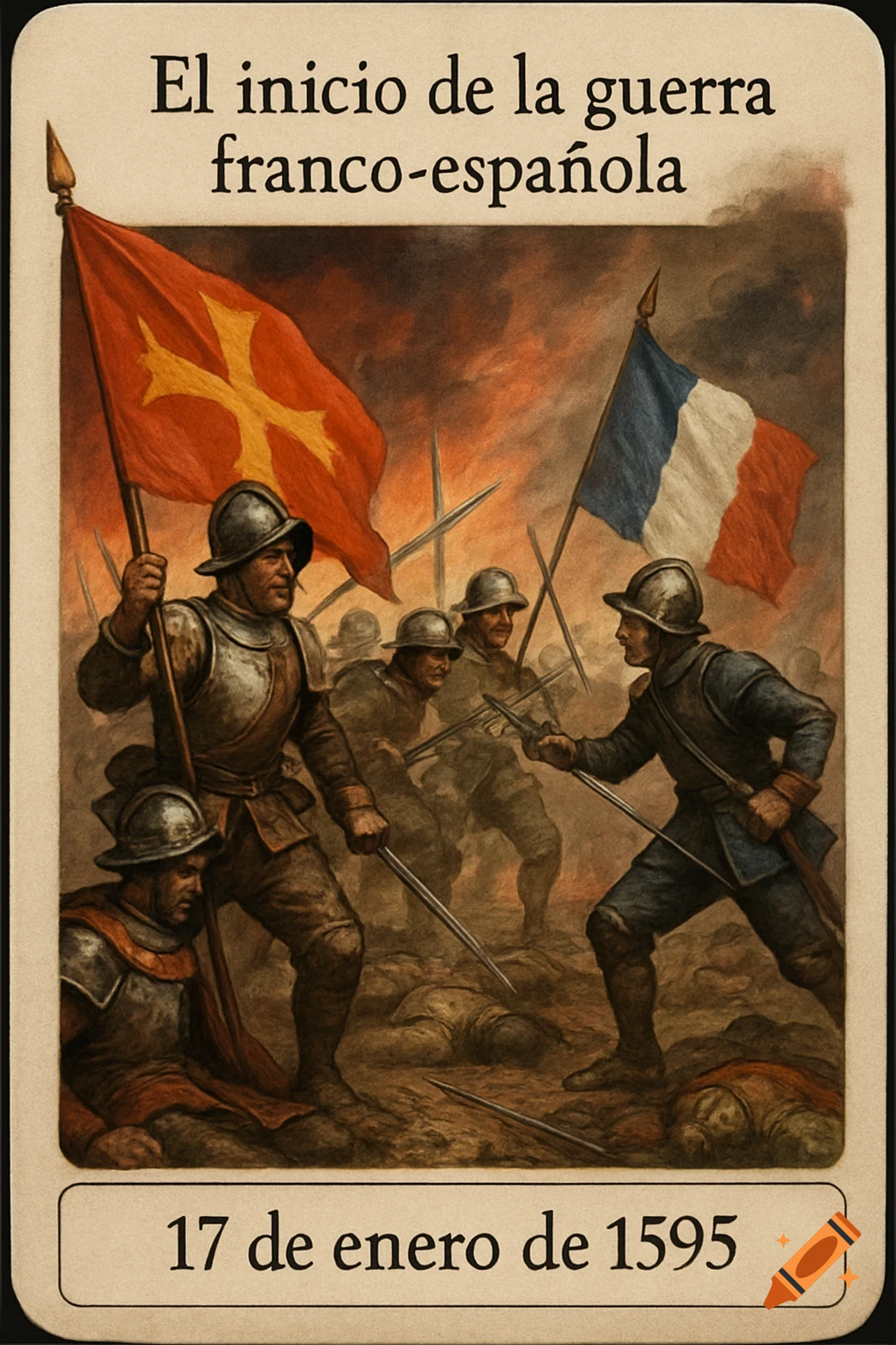 A vintage-style illustration of a battle, resembling a game card, with Spanish and French soldiers clashing. A red flag with a yellow cross and a French tricolor flag fly amidst smoke and fire.