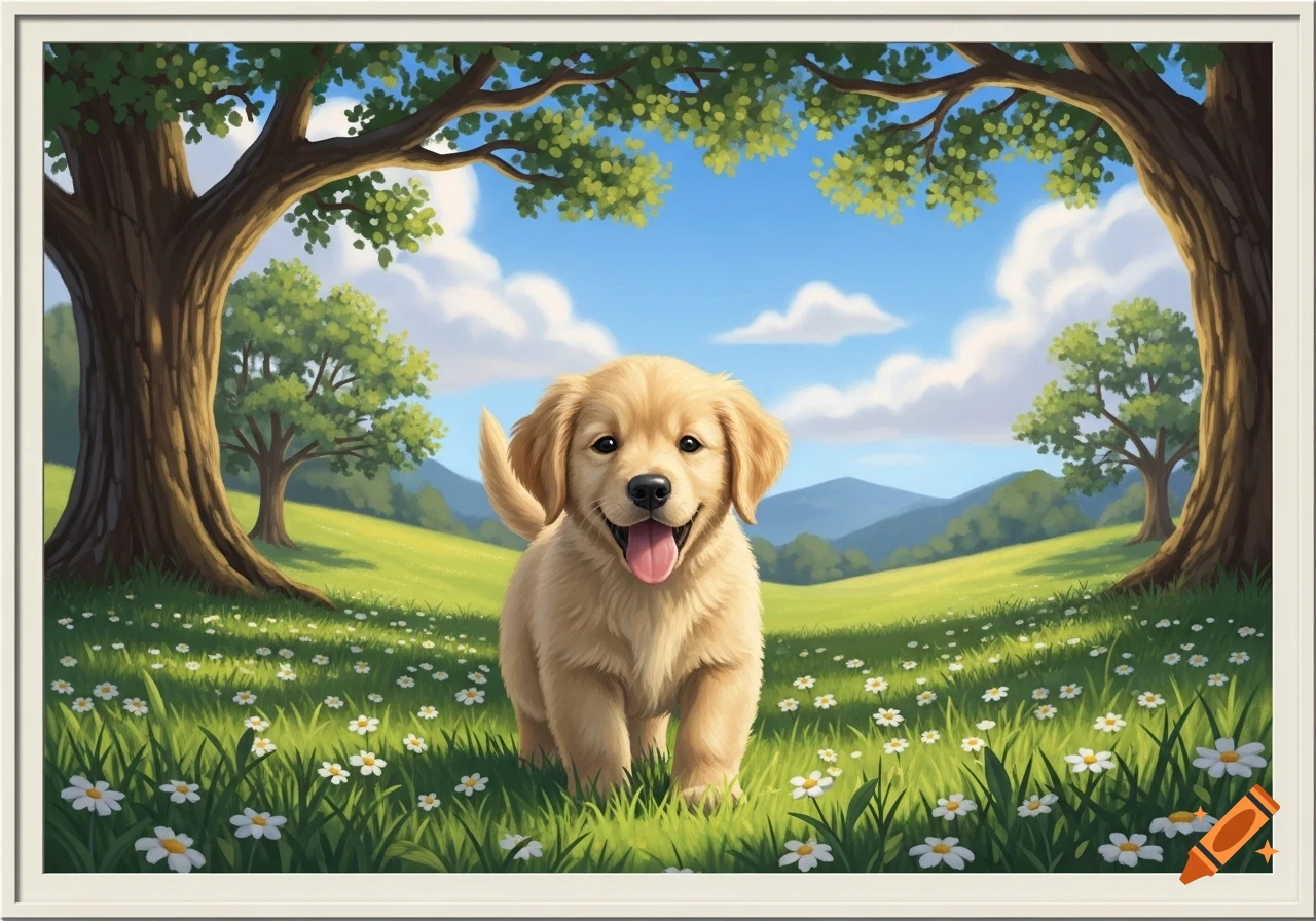 A cute golden retriever puppy stands in a vibrant green field filled with white daisies, framed by large trees under a blue sky.