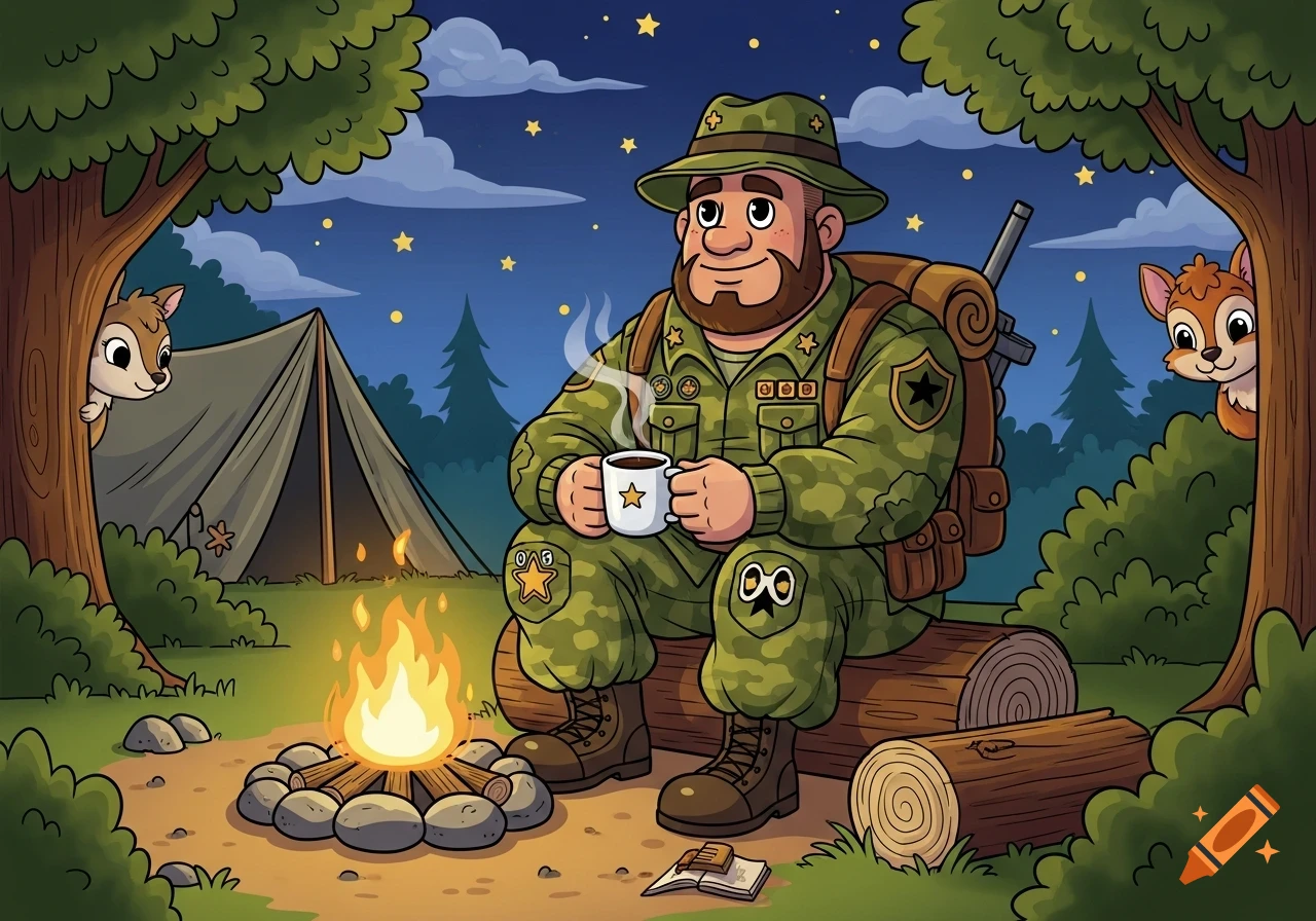 Cartoon army man with a beard sits by a campfire at night, drinking from a mug, with a tent and forest animals around.