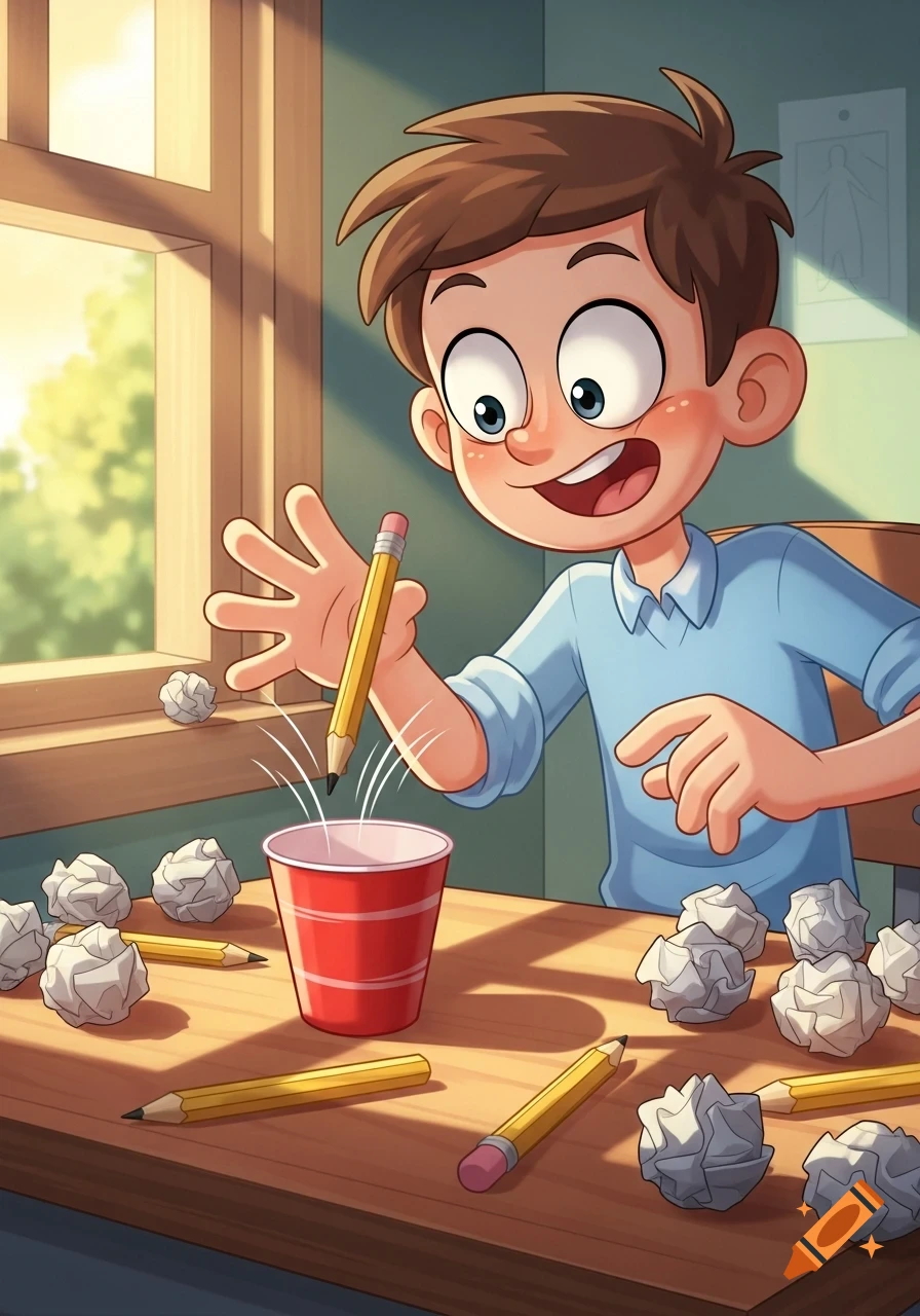 Cartoon boy smiling, bouncing a yellow pencil into a red cup on a wooden table with crumpled papers and pencils.