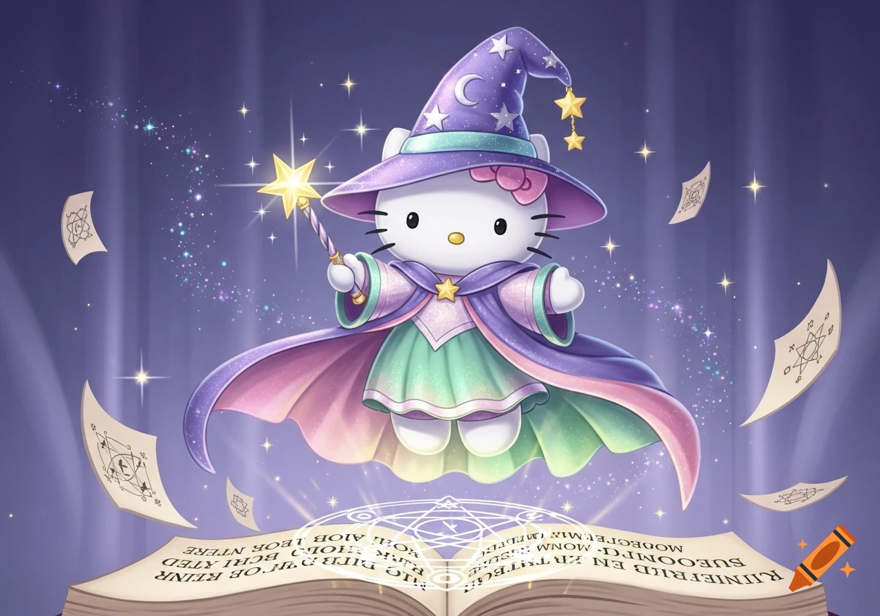 Hello Kitty wizard in a sparkling purple robe and pointy hat, holding a star wand, floating over a giant spellbook.