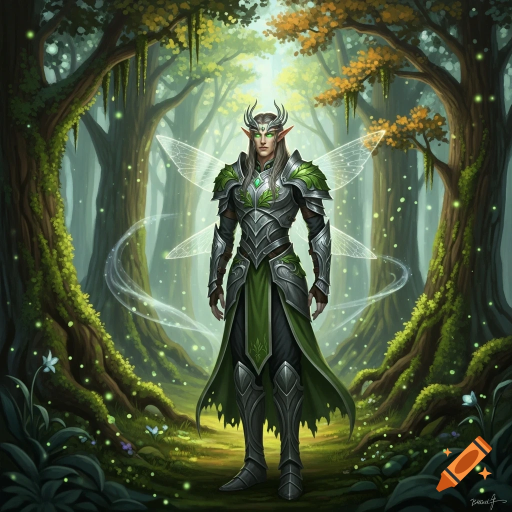 An armored elf with fairy wings stands in an enchanted forest with glowing green light and mossy trees, digital art.