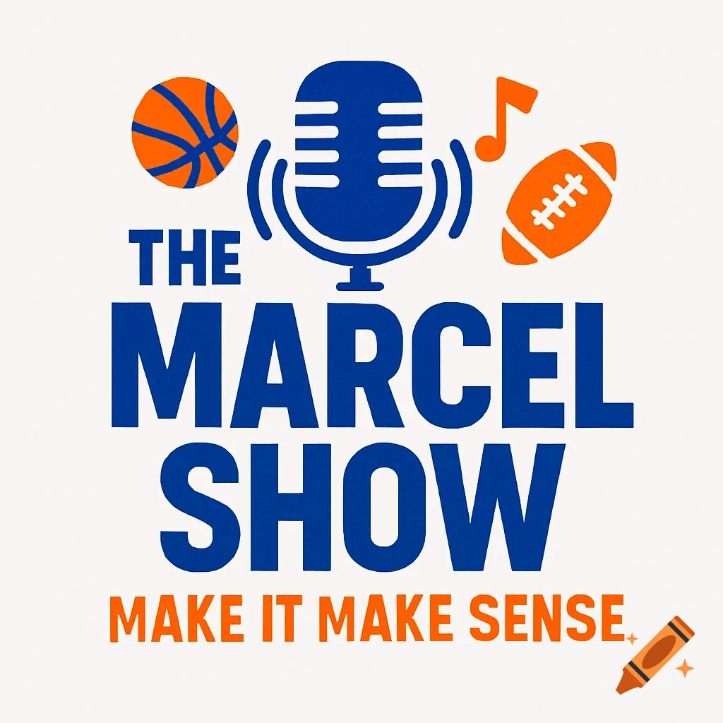 Podcast logo for "The Marcel Show" with a blue microphone, orange basketball, musical note, and football, and the tagline "Make It Make Sense".