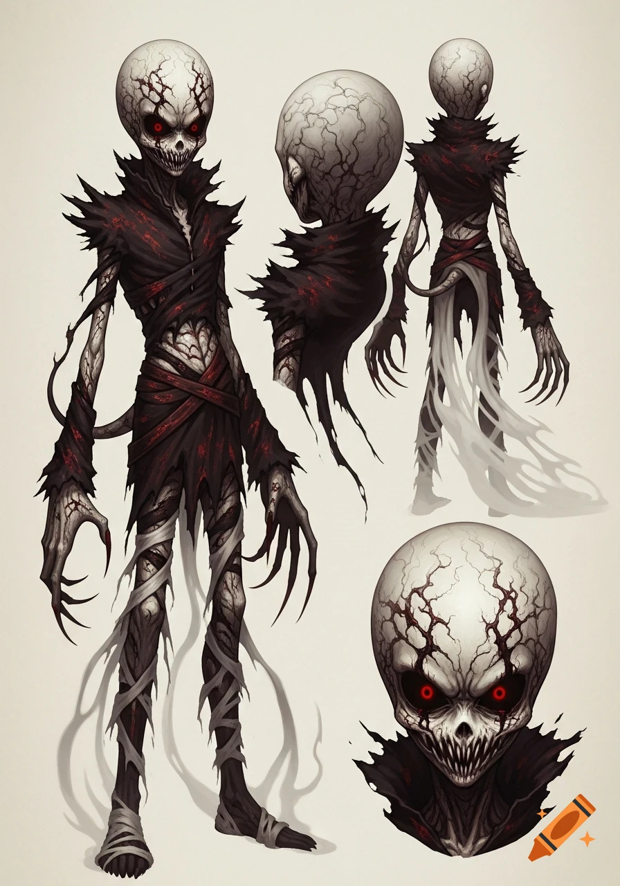 A reference sheet showing a grotesque, skeletal creature with glowing red eyes and tattered dark clothing, viewed from the front, back, and as a headshot.