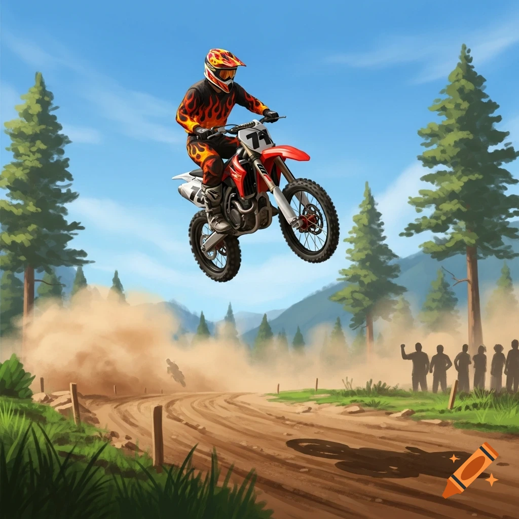 Illustrative depiction of a motocross rider mid-air on a dirt bike, kicking up dust on a track with trees and blurred spectators.