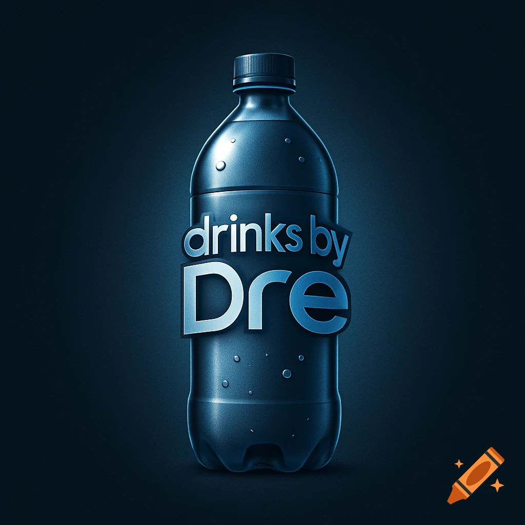 Photorealistic dark blue water bottle with a silver and blue 'drinks by Dre' logo against a dark blue background.