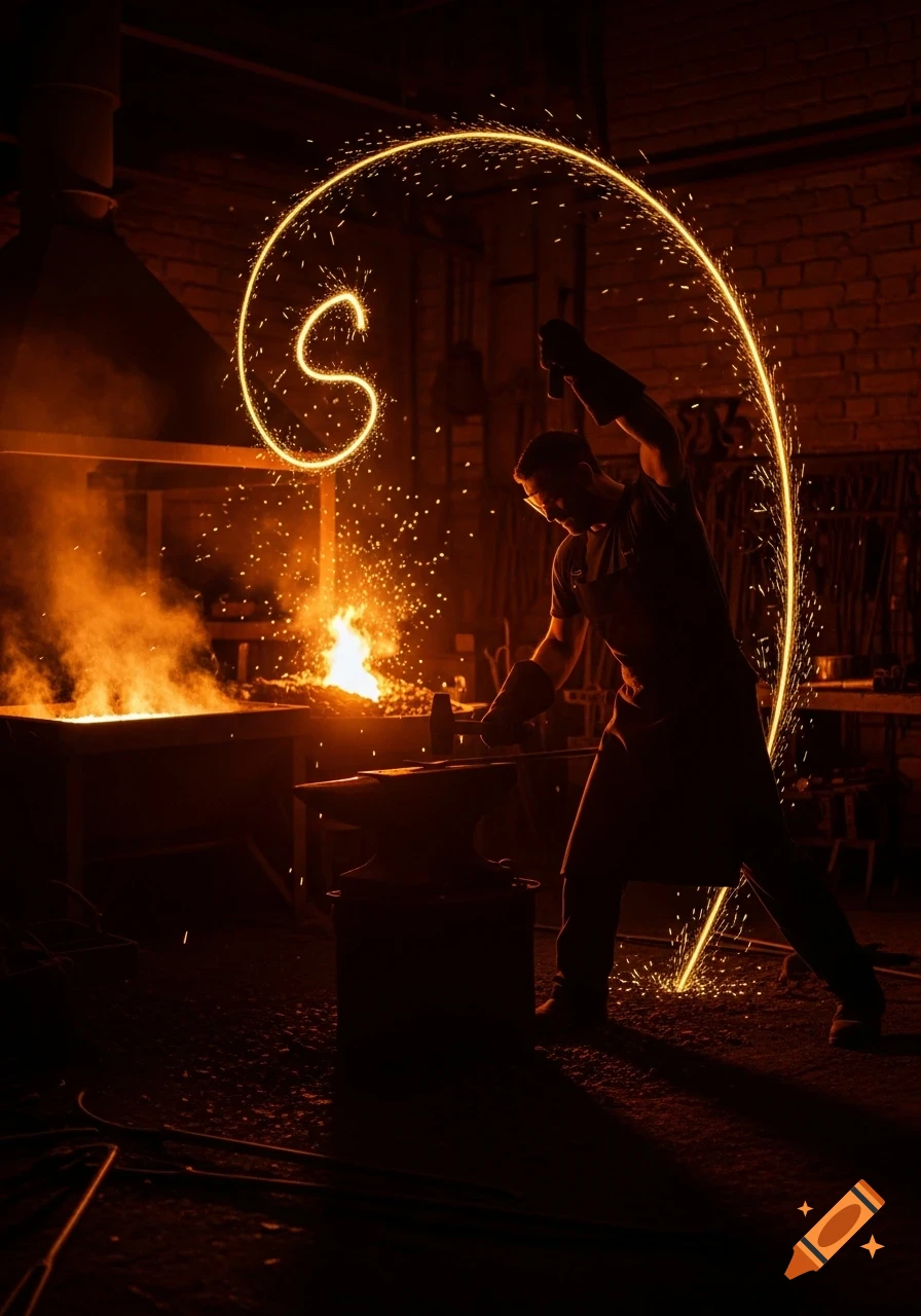 A silhouetted blacksmith strikes an anvil with a hammer, surrounded by sparks that form a glowing 'S' shape.