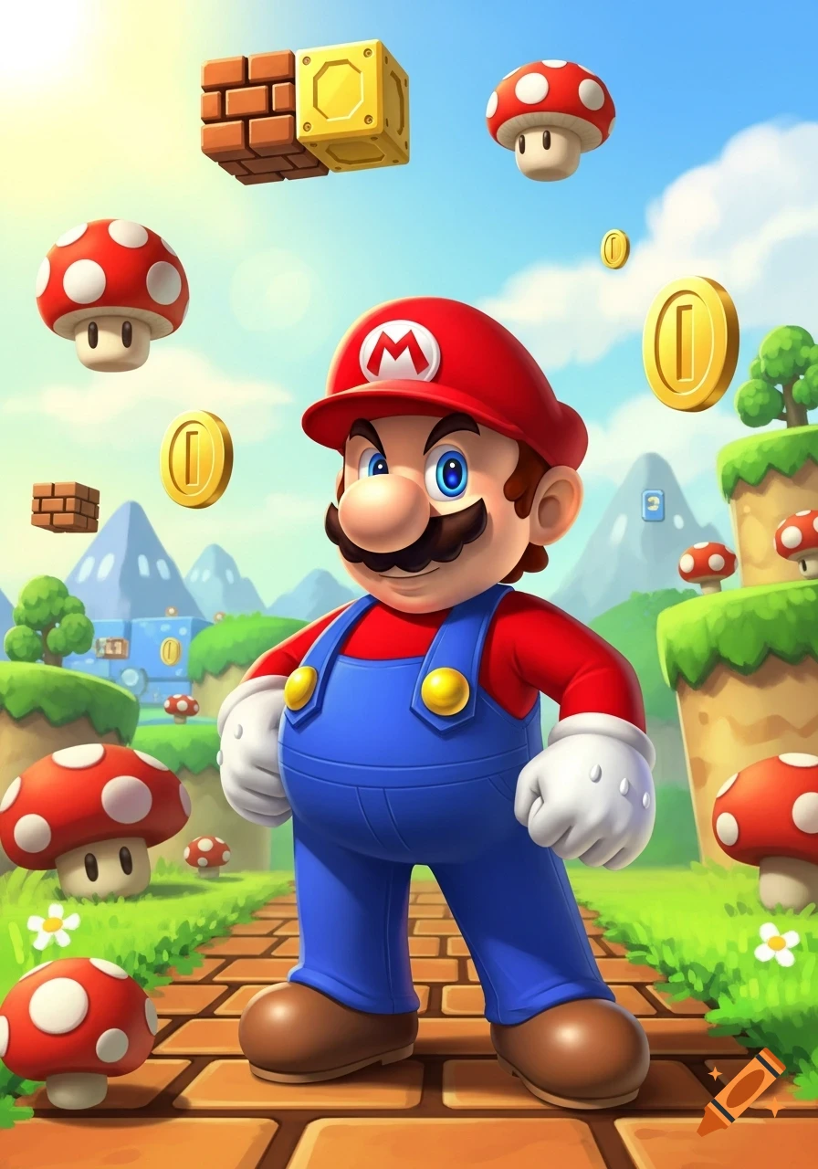Mario stands confidently in a vibrant Super Mario Bros. level, surrounded by power-up mushrooms, coins, and floating blocks in a bright, illustrative style.