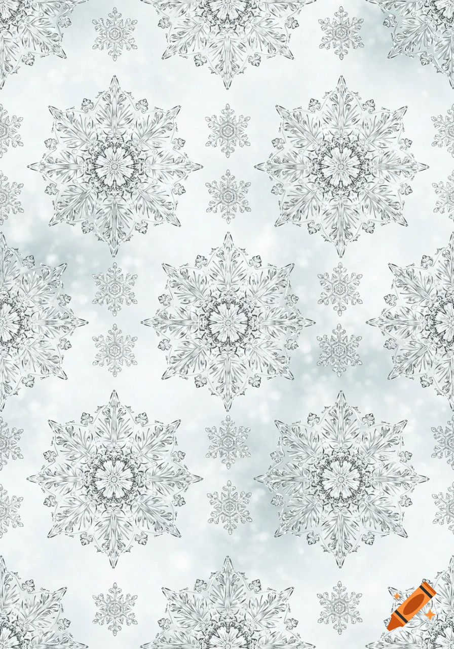 A seamless pattern of intricate silver metallic snowflakes on a light, subtly textured background.