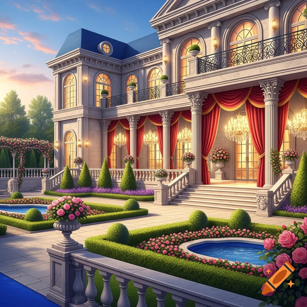 Grand luxurious mansion with a blue roof, elegant gardens, fountains, and ornate red drapes under a bright sky.