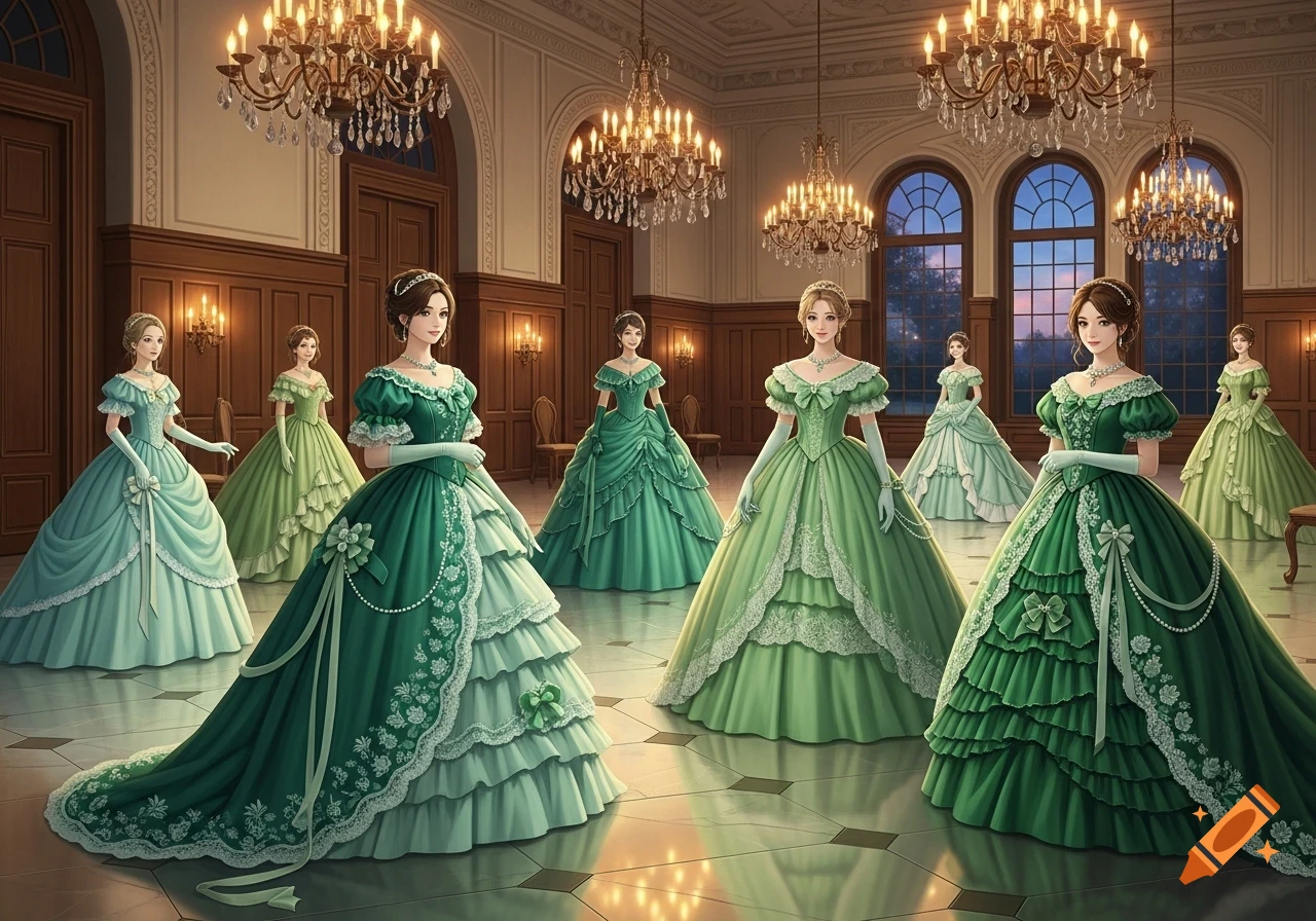 Anime illustration of several women in elaborate green ball gowns posing in a grand ballroom with chandeliers.