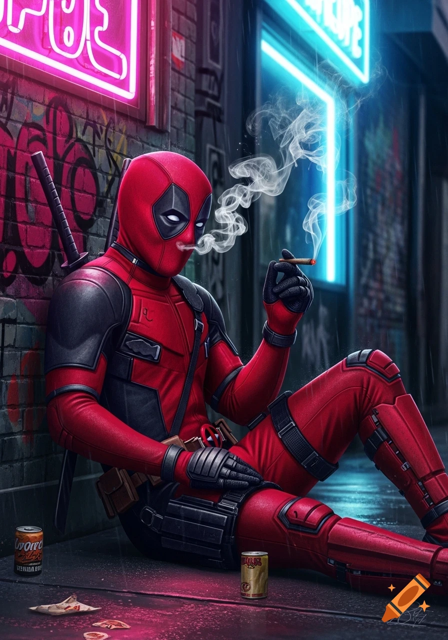 Deadpool in his red and black suit sits against a graffiti-covered wall, smoking a blunt, in a neon-lit alley.
