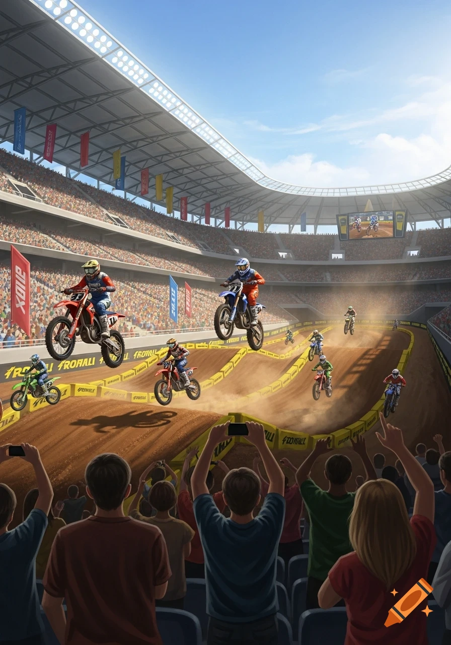 Illustrated motocross race in a large stadium, with multiple riders mid-jump over dirt tracks as spectators watch.