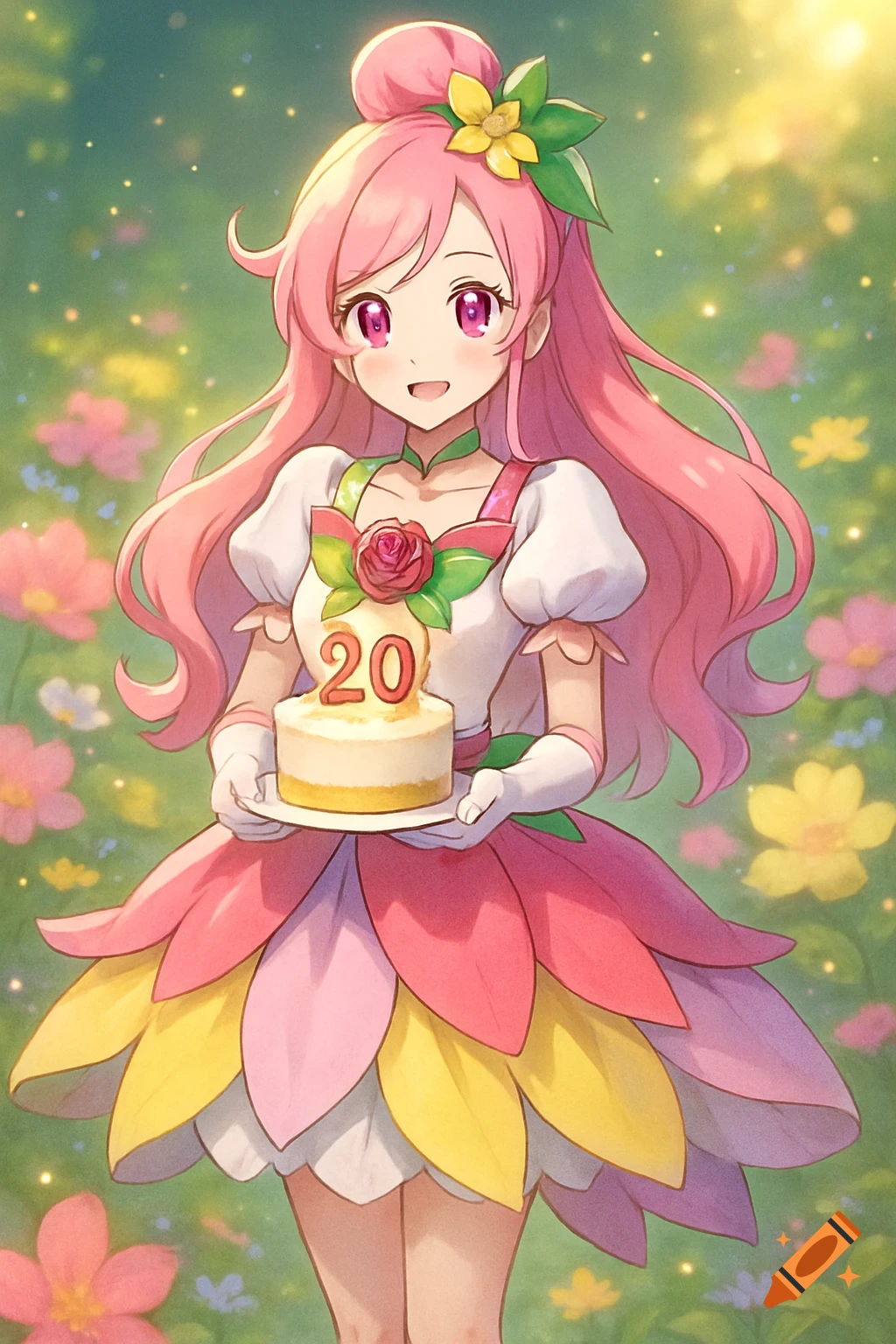 Smiling anime girl with pink hair, wearing a flower petal dress, holding a birthday cake with "20" on it, in a vibrant floral field.