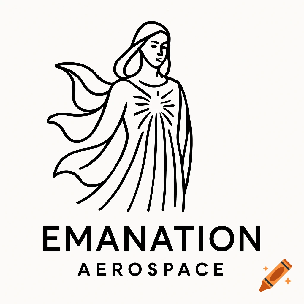 Minimalist line art logo of a goddess with beams of light from her chest, with "EMANATION AEROSPACE" text below.