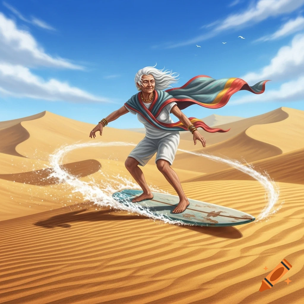 An older woman with white hair sandboards across golden dunes in a desert, with a colorful scarf trailing behind her.