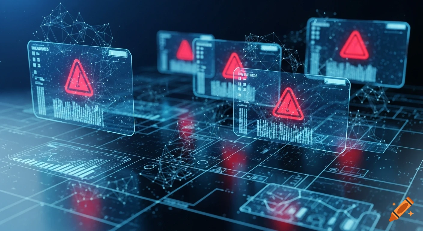 Digital breach alert background with holographic data panels, red warning symbols, and a dark blue cyber theme.