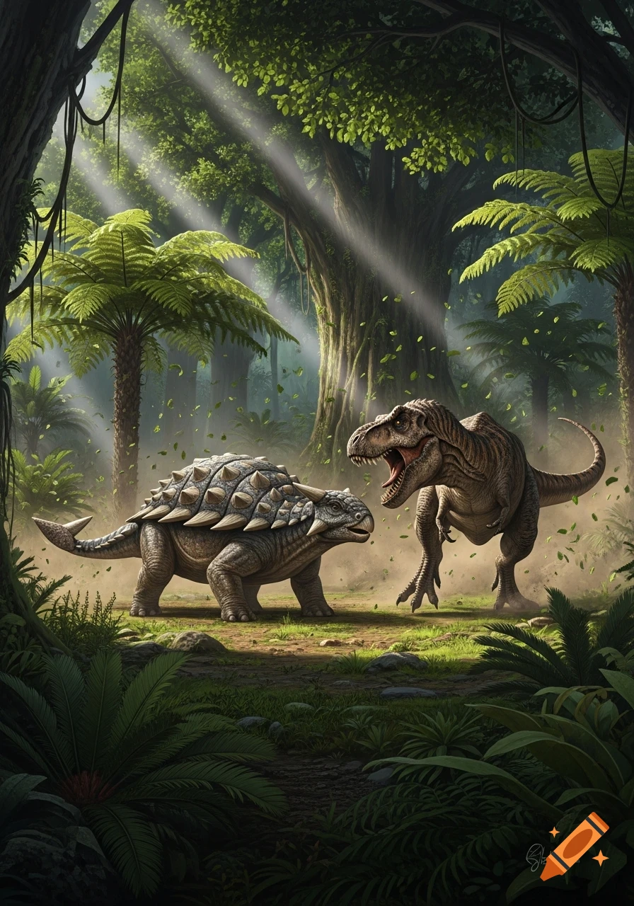 A photorealistic depiction of an Ankylosaurus facing off against a T-Rex in a lush, sunlit prehistoric jungle.