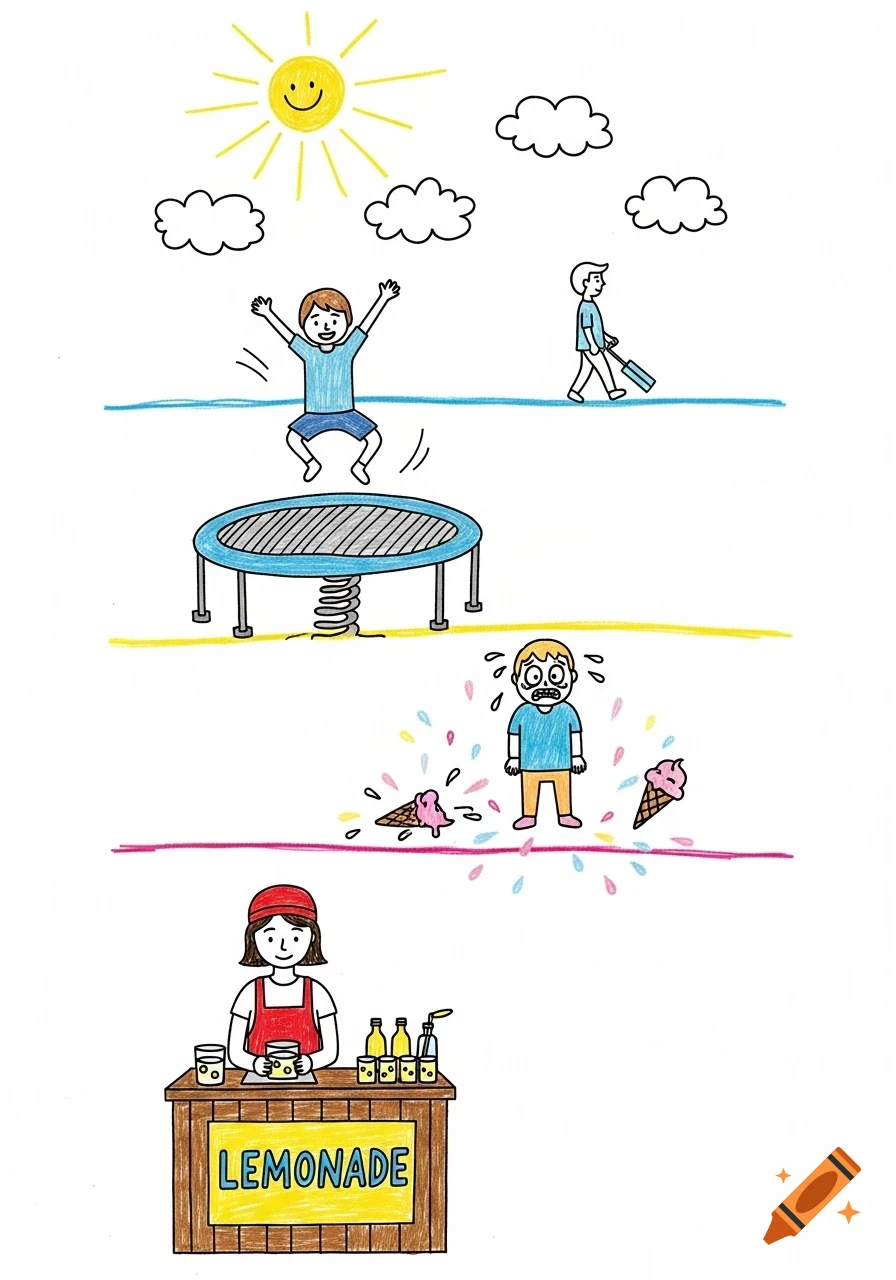 Child-like drawing showing three scenes: a boy jumping on a trampoline, a boy upset about dropped ice cream, and a girl selling lemonade.