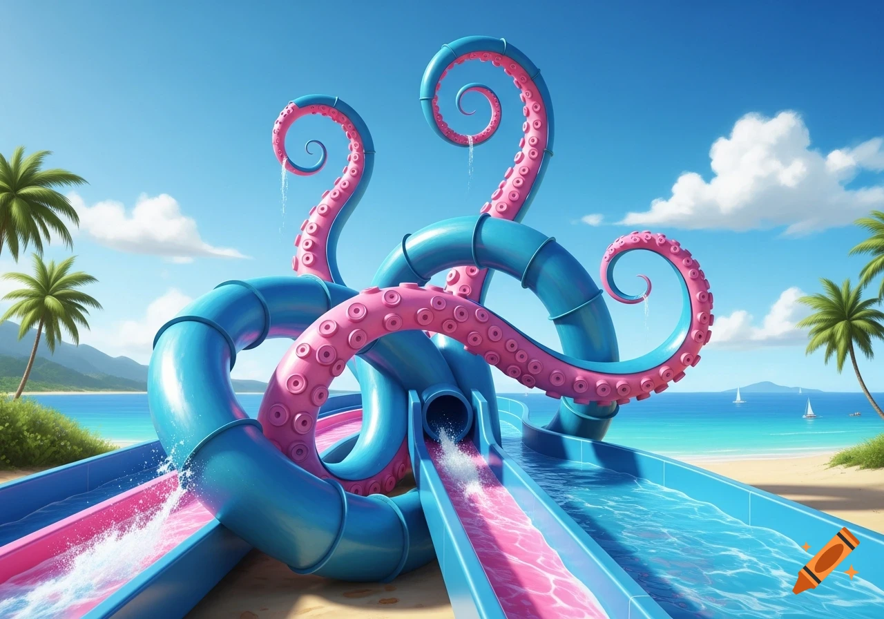 A colorful waterpark slide shaped like blue and pink octopus tentacles on a sunny beach with palm trees and ocean.