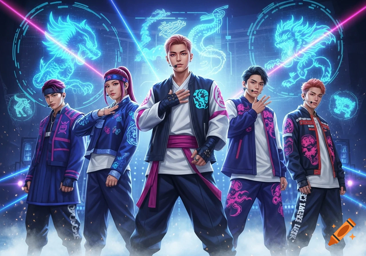 Five stylized, youthful characters in futuristic K-Pop inspired outfits stand before glowing blue and pink digital dragons and laser lights.