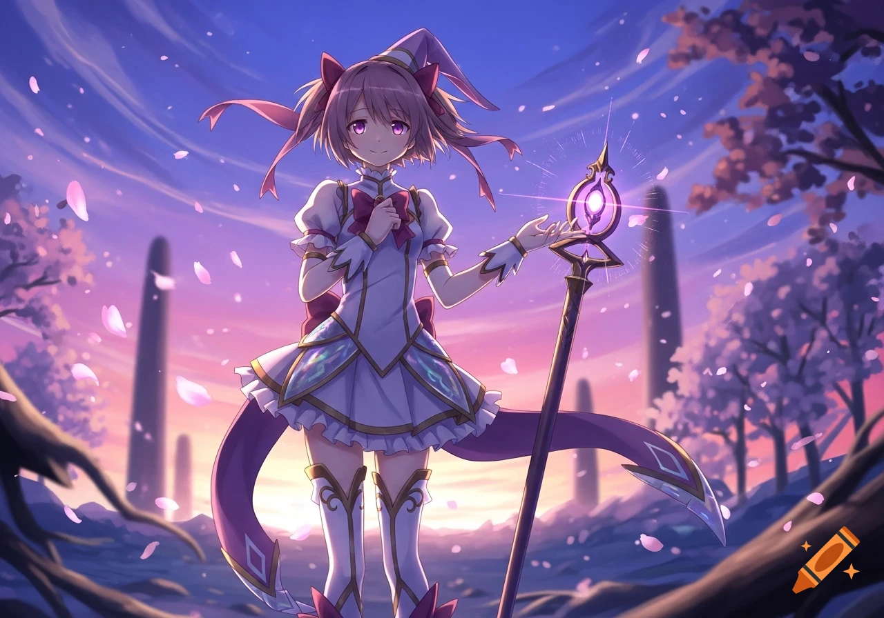 An anime magical girl with pink hair and purple eyes in a white dress, holding a glowing staff under a sunset sky with falling cherry blossoms.