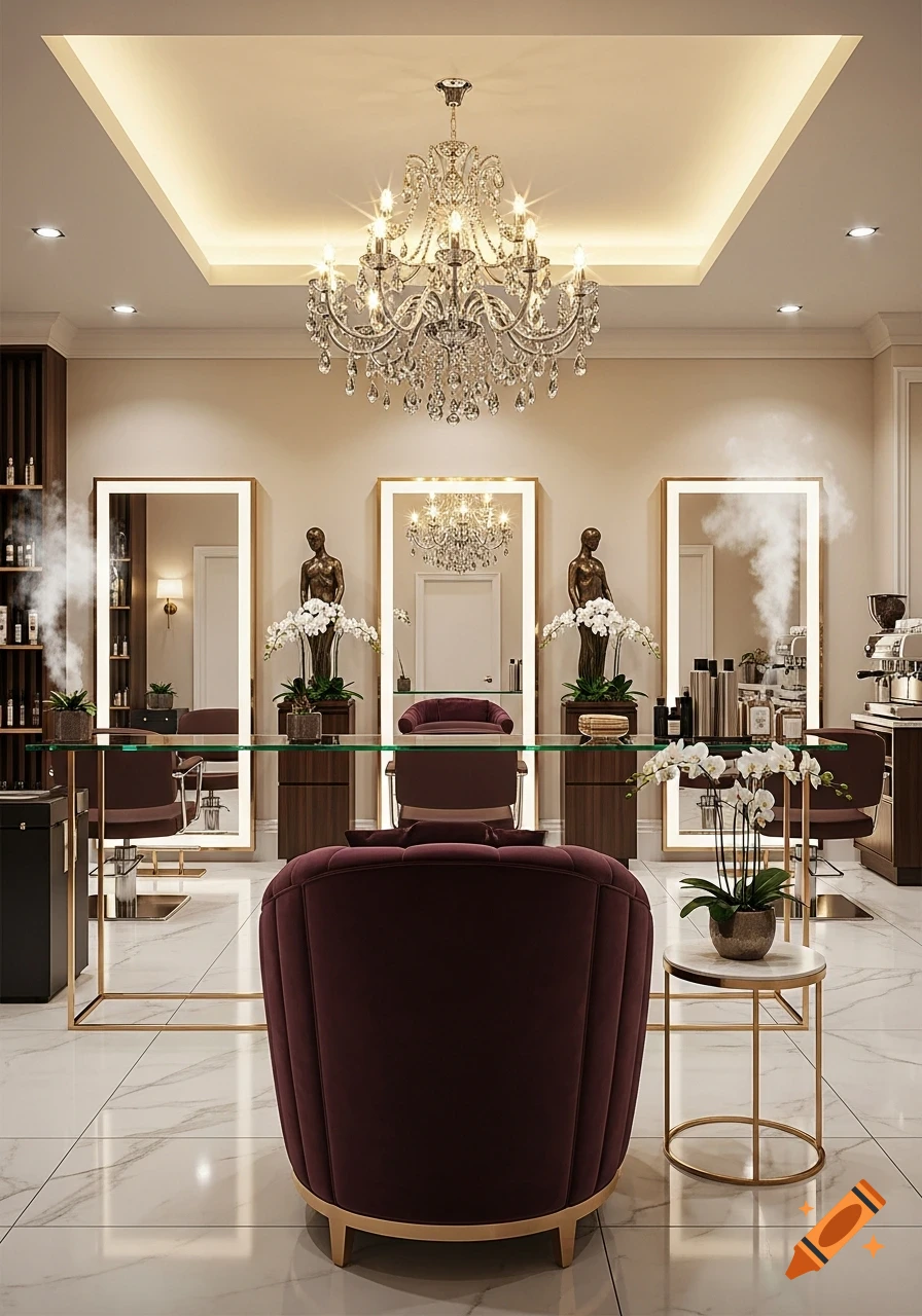 Luxurious modern salon interior with maroon velvet chairs, gold accents, sparkling chandeliers, and illuminated mirrors.
