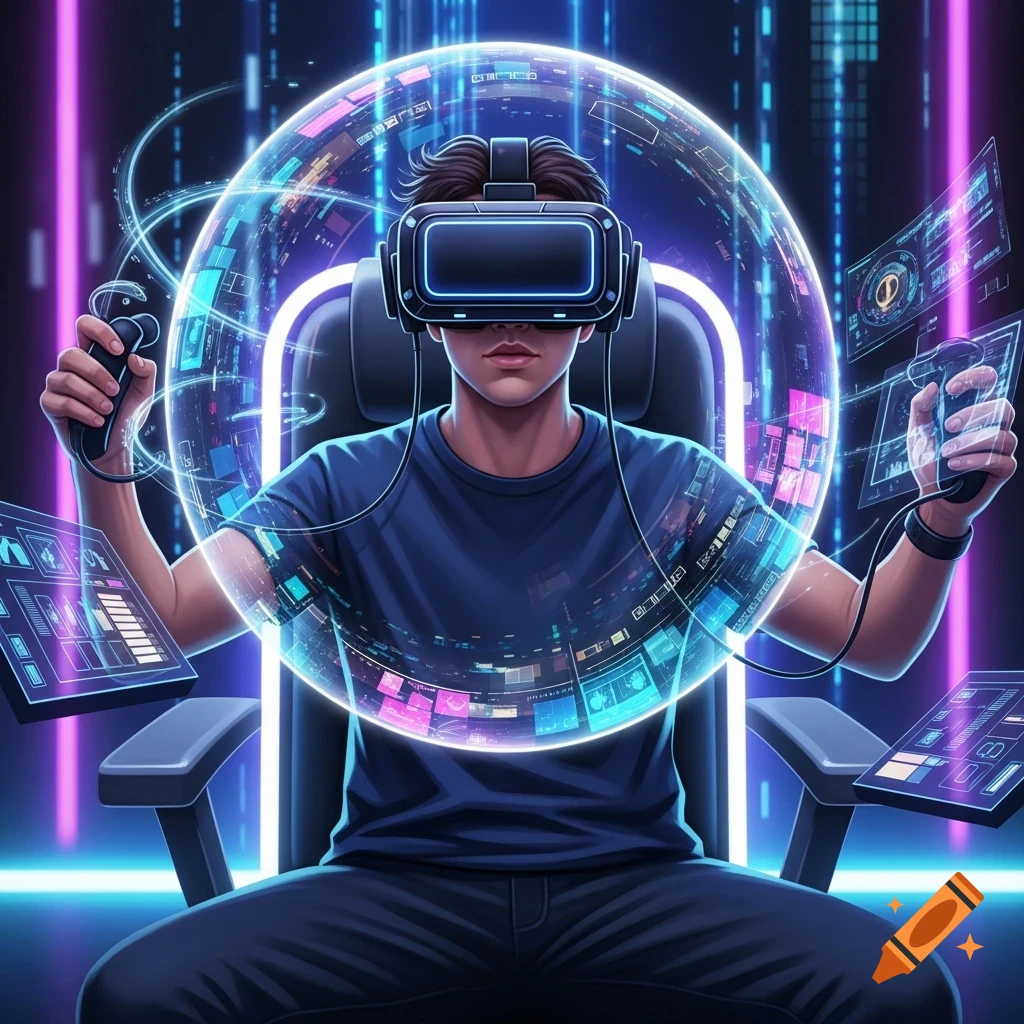 A person wearing a VR headset and holding controllers, immersed in a glowing digital interface with holographic displays.