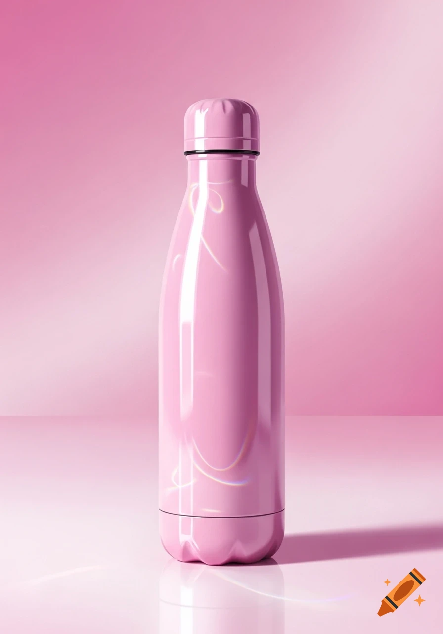 A shiny pink water bottle with a matching screw-top lid stands on a reflective pink surface against a pink background.