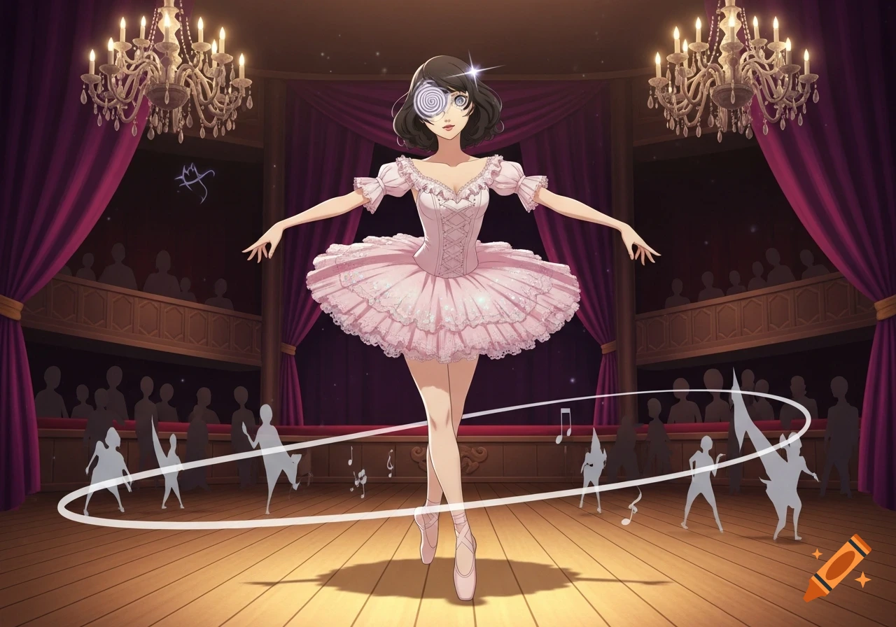 Anime style image of Kasumi from Persona 5 as a hypnotized ballerina in a pink tutu, posing on a stage with a shadowed audience and chandeliers.