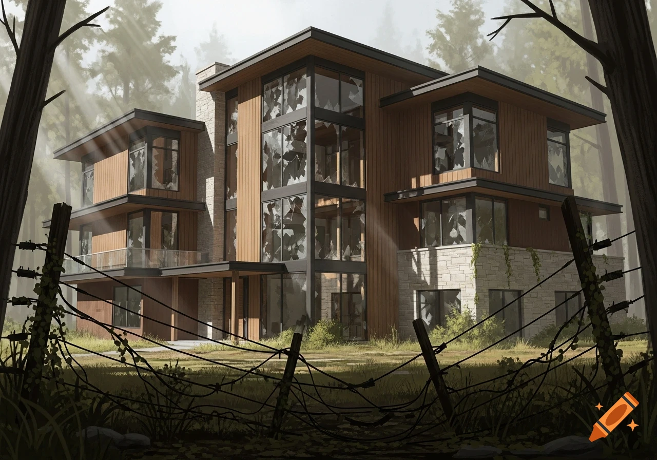 Modern three-story lodge with broken windows and an overgrown, broken electric fence in a foggy forest.