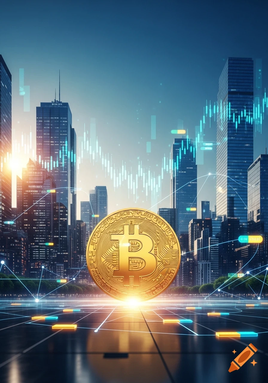 A large golden Bitcoin coin stands prominently in a futuristic city skyline with financial charts and glowing network lines overhead.
