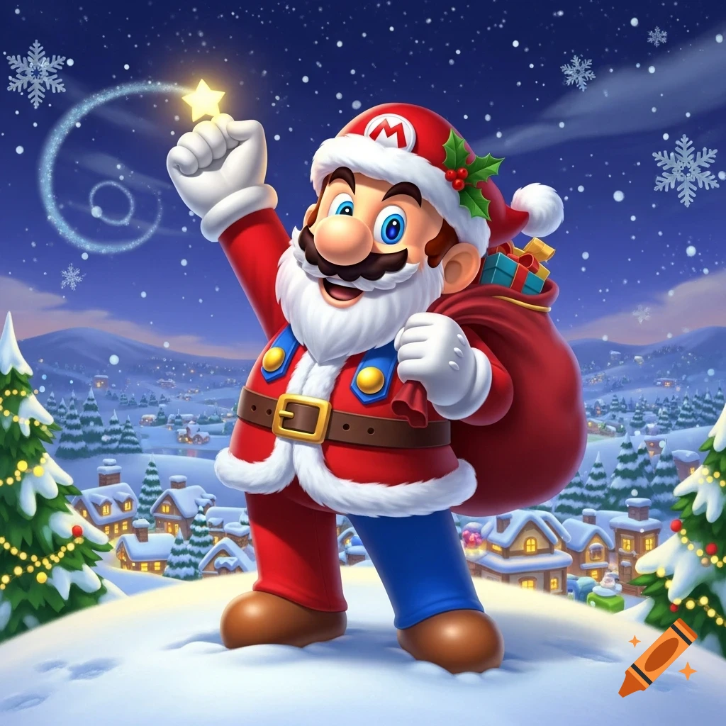 Mario dressed as Santa Claus holds a shining star in a snowy village under a starry night sky with falling snowflakes.