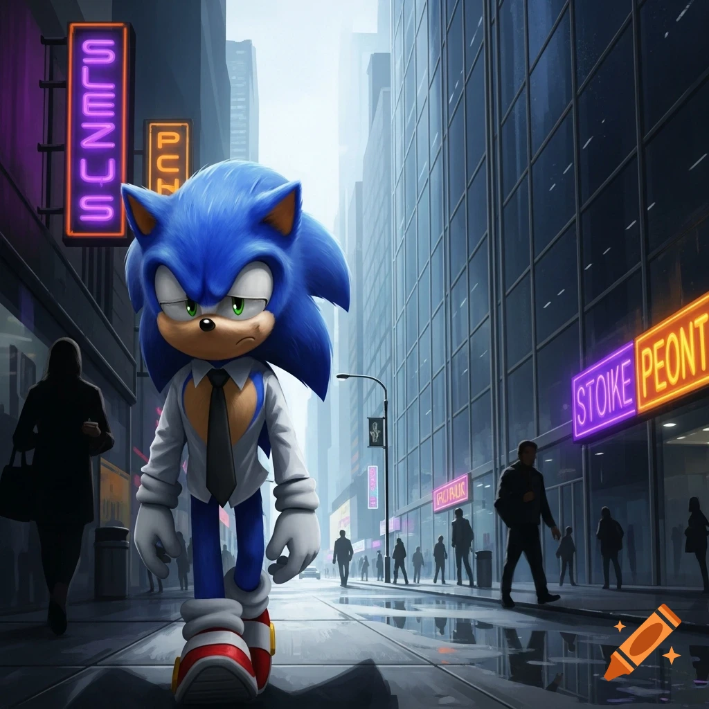 Sonic the Hedgehog, looking depressed in a white shirt and black tie, walks on a wet city street lined with tall buildings and neon signs.