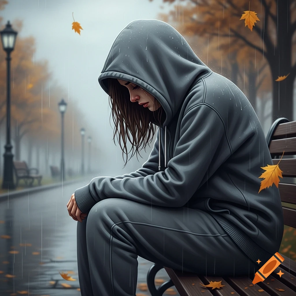 A young woman in a gray hoodie and sweatpants sits sadly on a park bench in the rain, with autumn leaves falling.