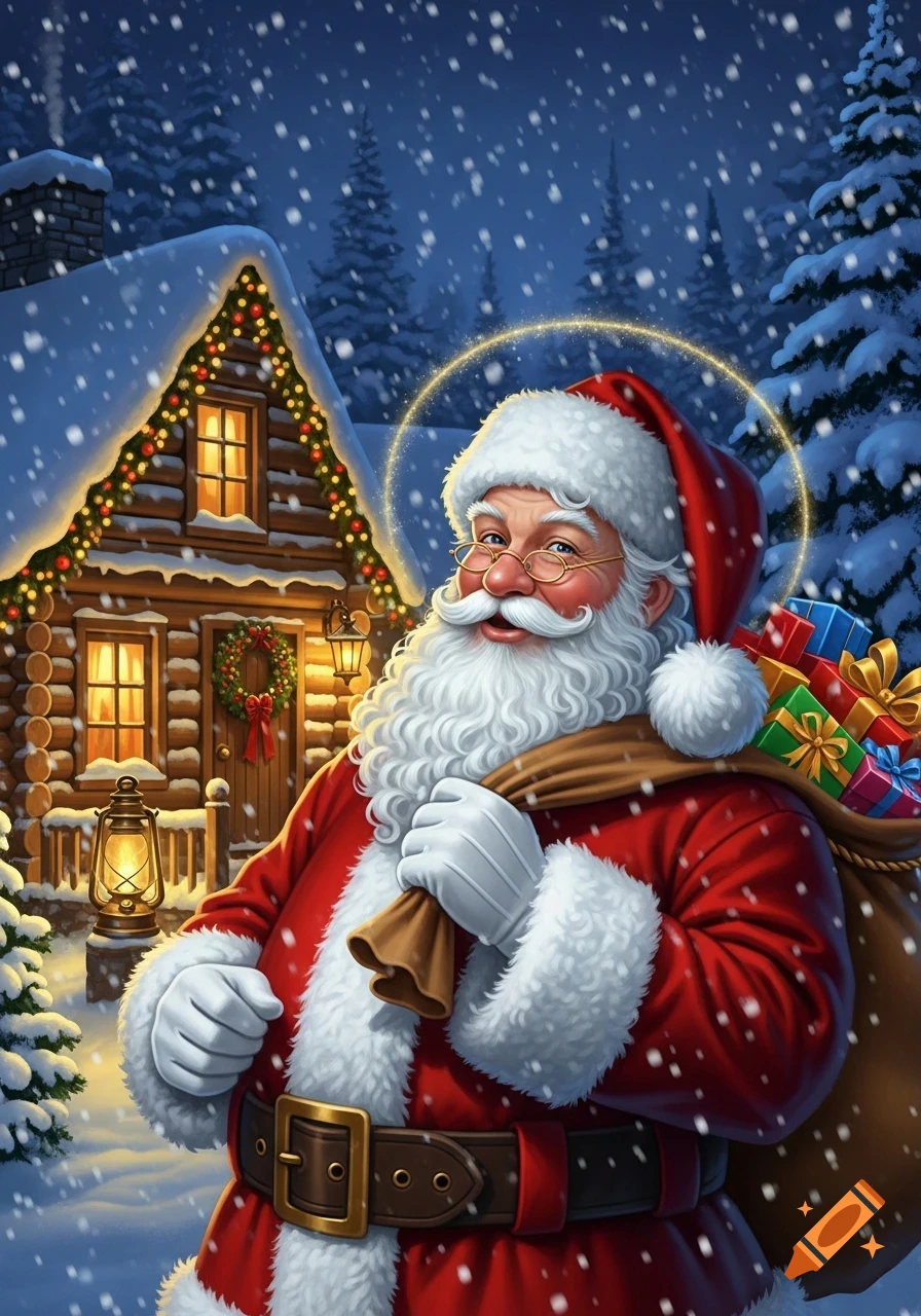 Smiling Santa Claus carrying a sack of gifts walks in falling snow past a decorated log cabin on a winter night, detailed illustration.