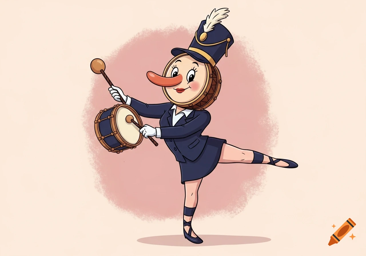 A whimsical cartoon character with a drum for a head, a long Pinocchio nose, wearing a drum major hat and a suit, striking a ballet pose while holding drumsticks.