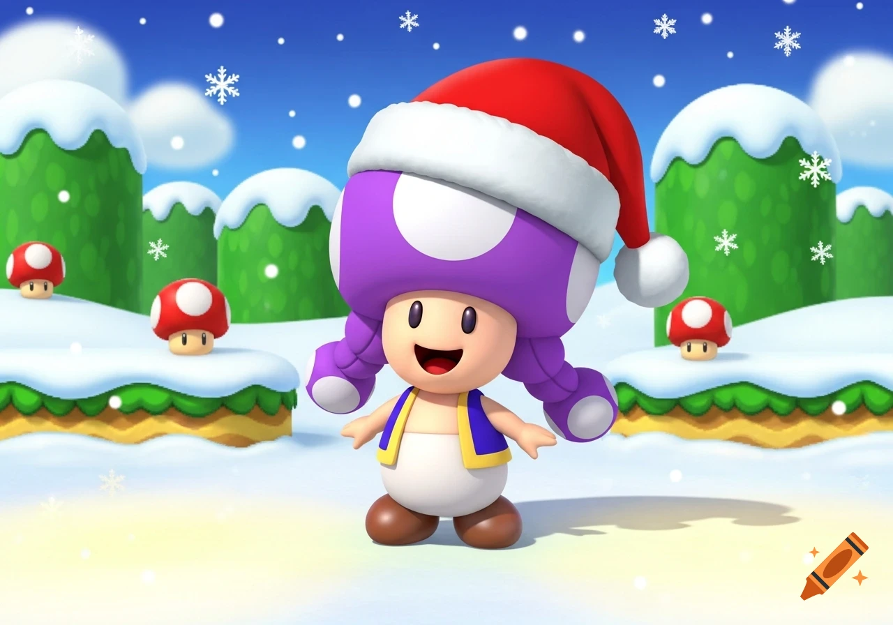 A purple Toadette in a Santa hat smiles in a snowy Mario Bros. landscape with red mushrooms and falling snowflakes.