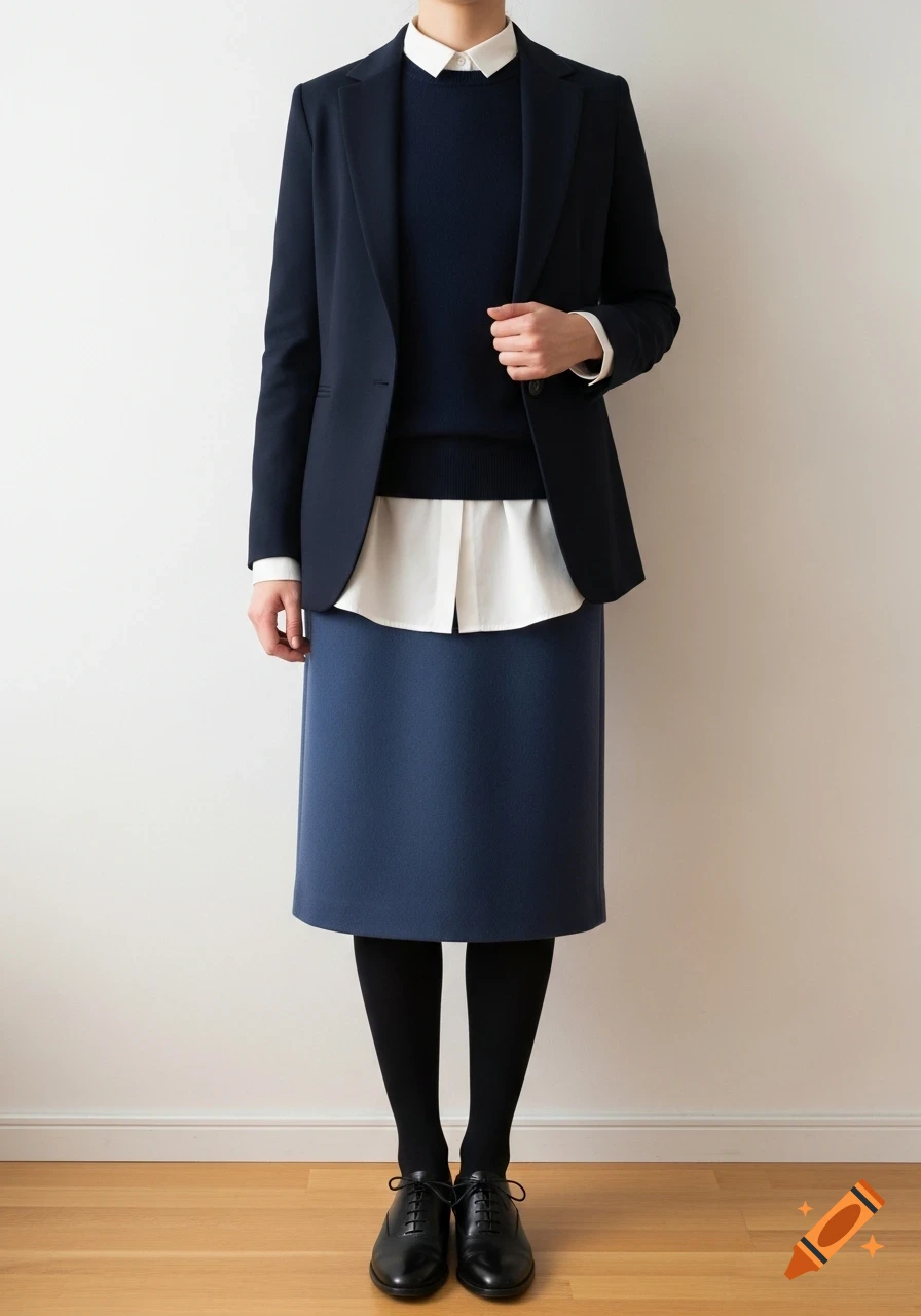 A person stands wearing a navy blazer, navy sweater, white shirt, blue skirt, black tights, and black oxford shoes.