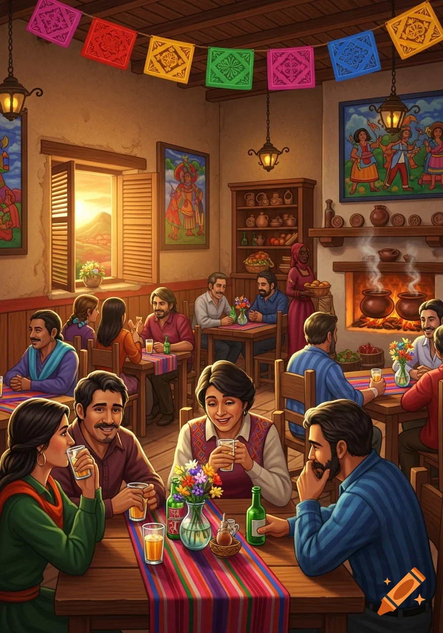 An illustration of a vibrant cantina with people dining and socializing. Colorful banners hang from the ceiling, and warm light fills the room.