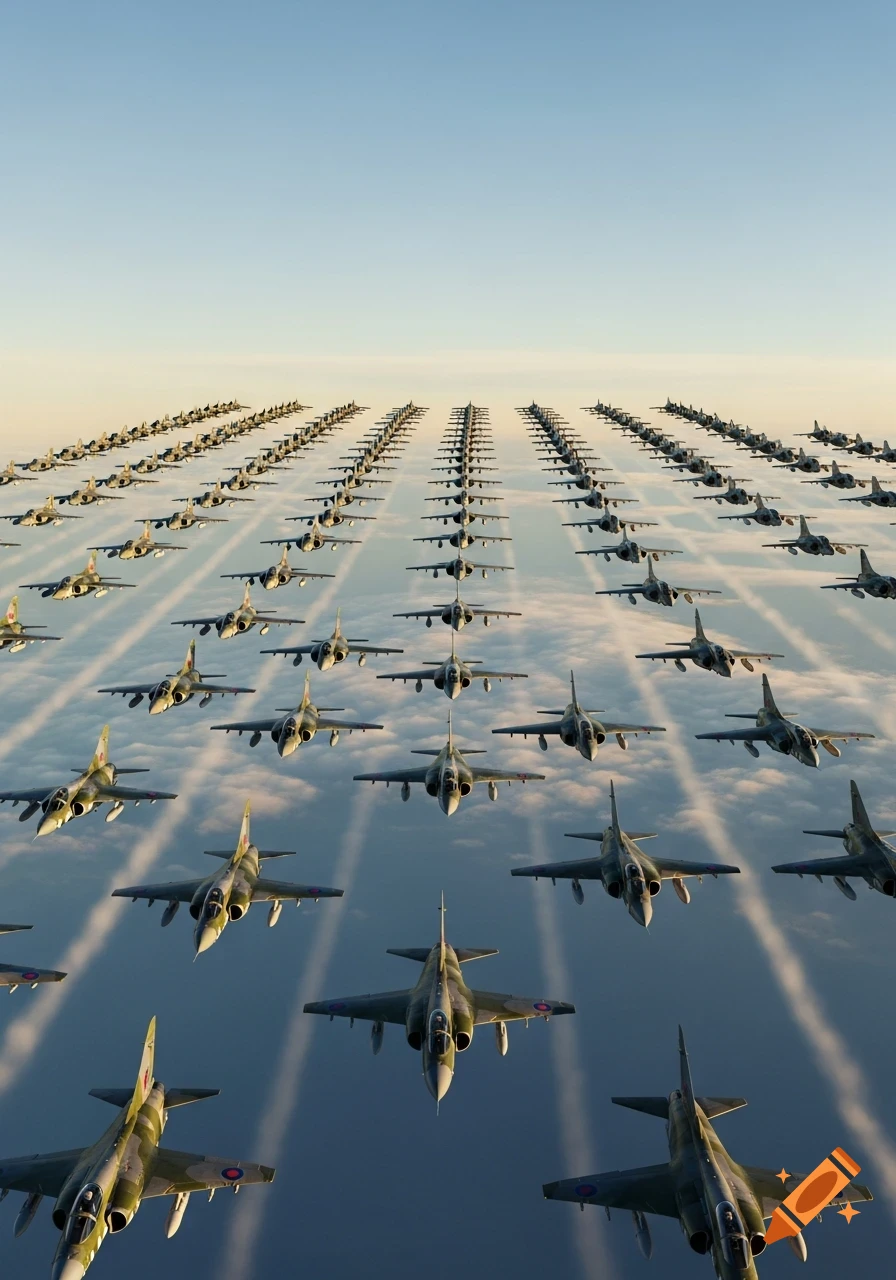 A vast fleet of British military fighter jets flying in perfect formation above the clouds under a clear sky.