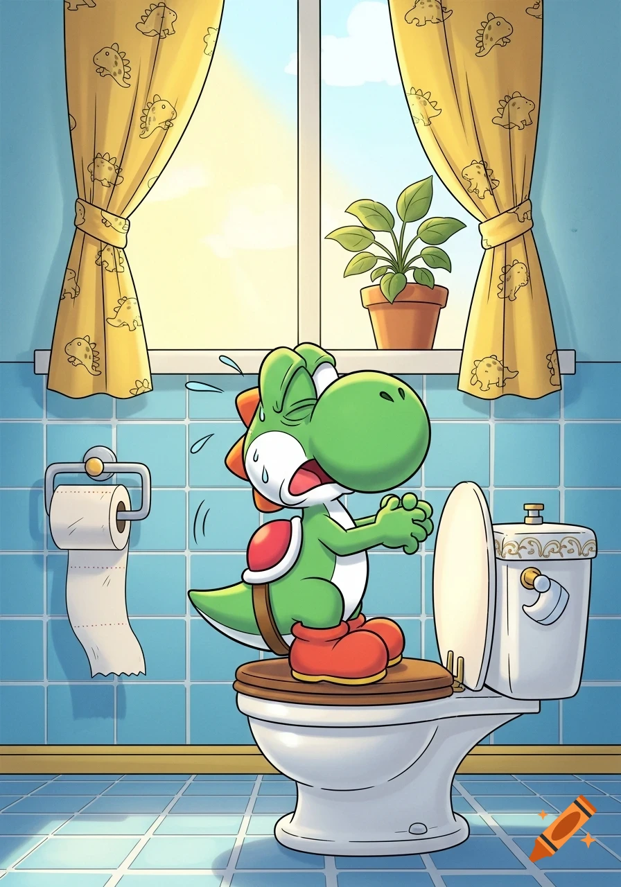 Cartoon illustration of Yoshi on a toilet, straining and sweating in a blue-tiled bathroom with dinosaur-patterned yellow curtains.
